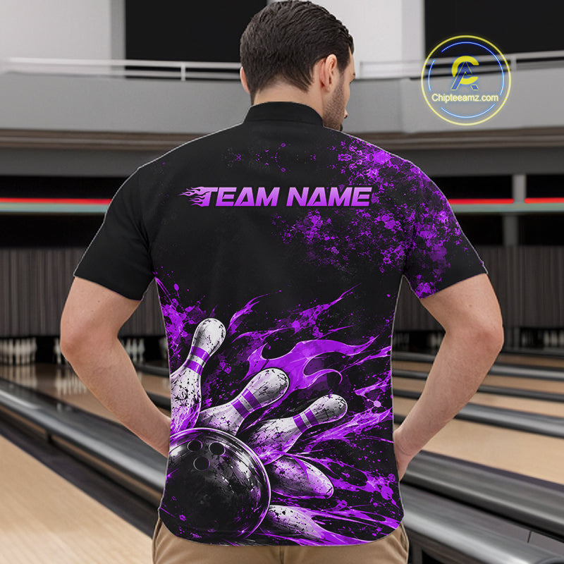 Black And Purple Custom Flame Bowling Shirts For Men, Fire Bowling Team Shirt NBT1072