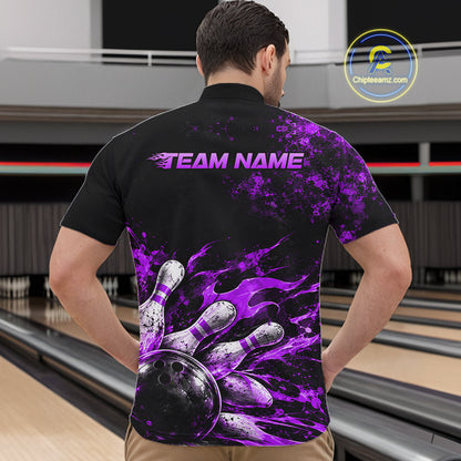 Black And Purple Custom Flame Bowling Shirts For Men, Fire Bowling Team Shirt NBT1072