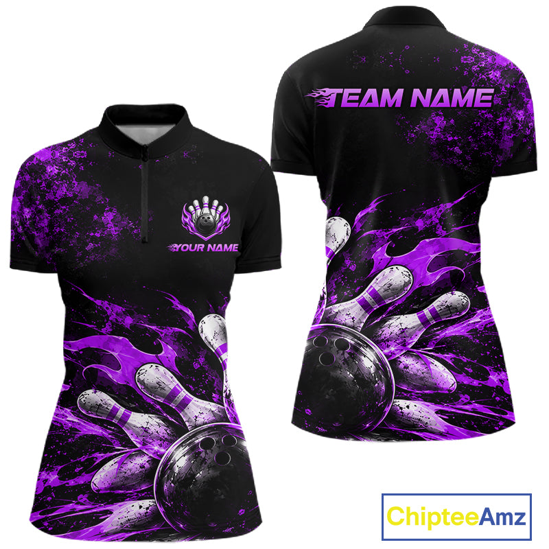 Black And Purple Custom Flame Bowling Shirts For Women, Fire Bowling Team Shirt NBT1072