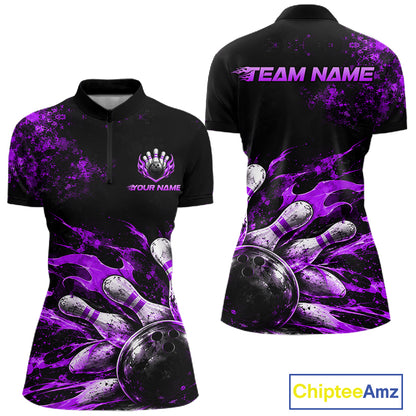 Black And Purple Custom Flame Bowling Shirts For Women, Fire Bowling Team Shirt NBT1072