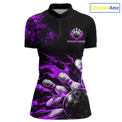 Black And Purple Custom Flame Bowling Shirts For Women, Fire Bowling Team Shirt NBT1072