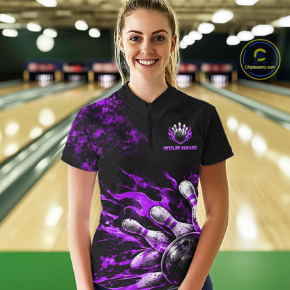 Black And Purple Custom Flame Bowling Shirts For Women, Fire Bowling Team Shirt NBT1072