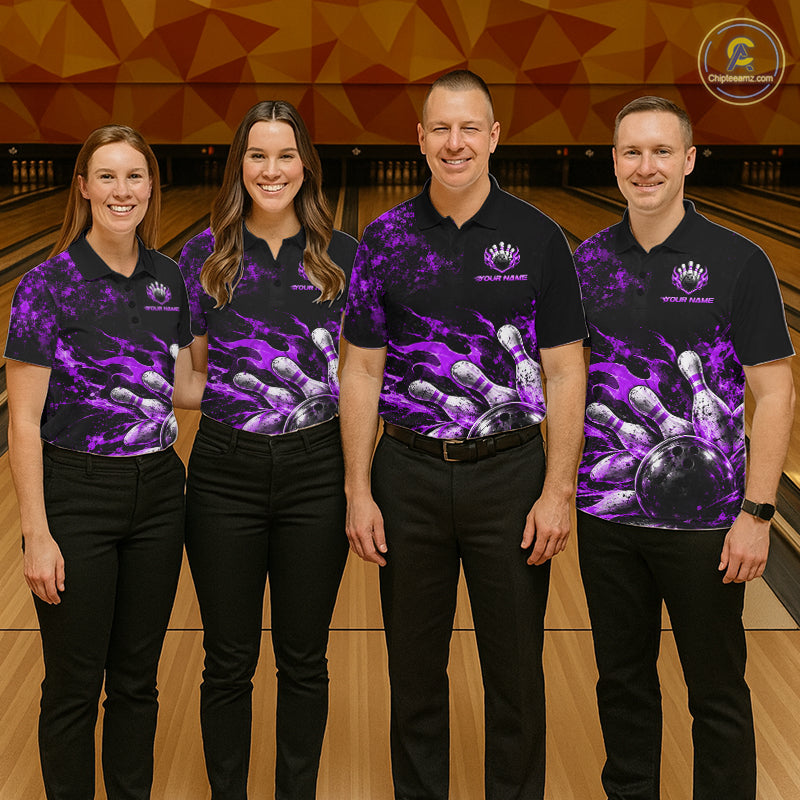 Black And Purple Custom Flame Bowling Shirts For Men, Fire Bowling Team Shirt NBT1072