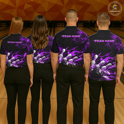 Black And Purple Custom Flame Bowling Shirts For Men, Fire Bowling Team Shirt NBT1072