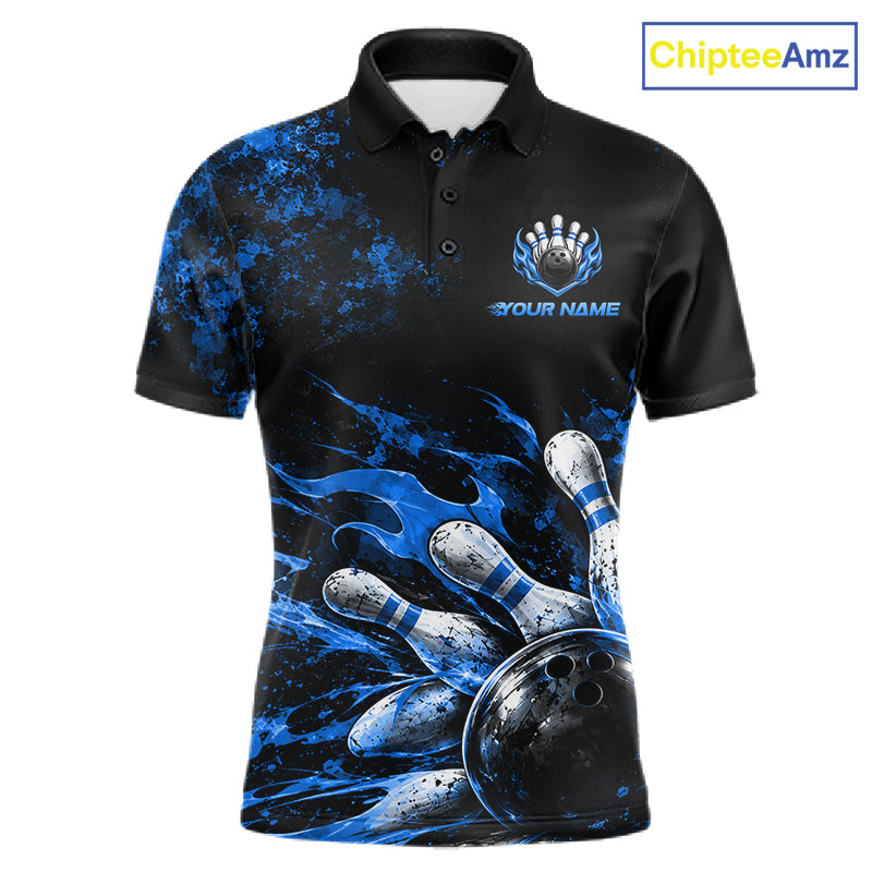 Black And Blue Custom Flame Bowling Shirts For Men, Fire Bowling Team Shirt NBT1073