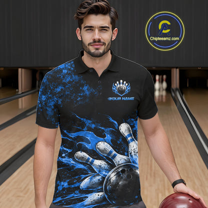 Black And Blue Custom Flame Bowling Shirts For Men, Fire Bowling Team Shirt NBT1073