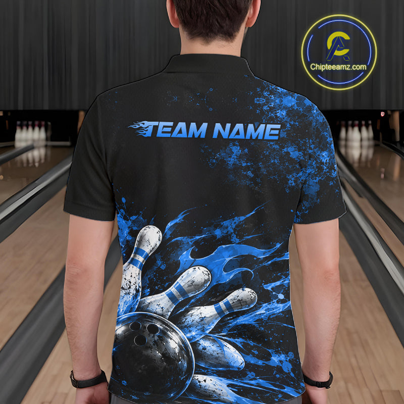 Black And Blue Custom Flame Bowling Shirts For Men, Fire Bowling Team Shirt NBT1073