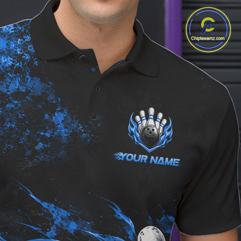Black And Blue Custom Flame Bowling Shirts For Men, Fire Bowling Team Shirt NBT1073