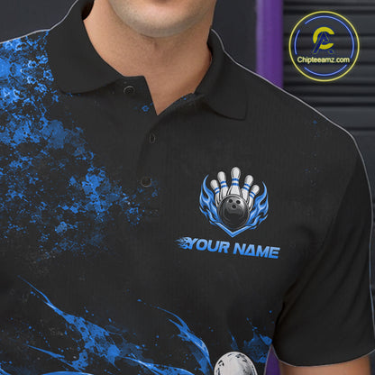 Black And Blue Custom Flame Bowling Shirts For Men, Fire Bowling Team Shirt NBT1073