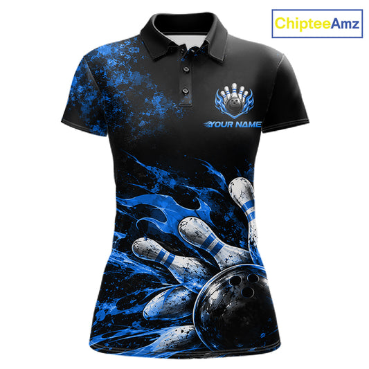 Black And Blue Custom Flame Bowling Shirts For Women, Fire Bowling Team Shirt NBT1073