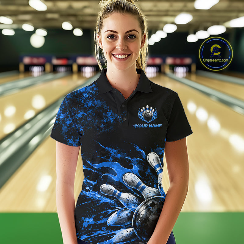 Black And Blue Custom Flame Bowling Shirts For Women, Fire Bowling Team Shirt NBT1073