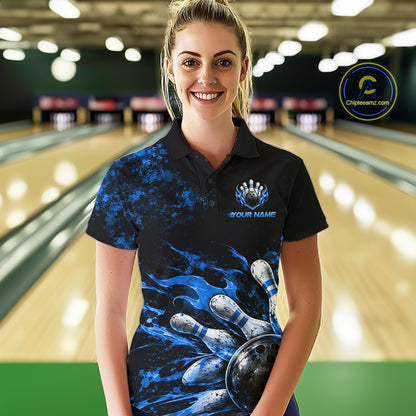 Black And Blue Custom Flame Bowling Shirts For Women, Fire Bowling Team Shirt NBT1073