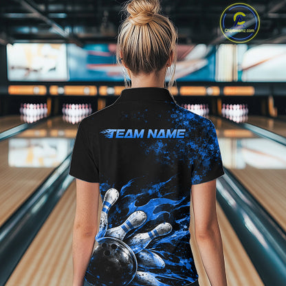 Black And Blue Custom Flame Bowling Shirts For Women, Fire Bowling Team Shirt NBT1073