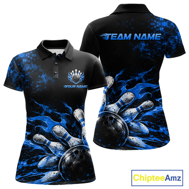 Black And Blue Custom Flame Bowling Shirts For Women, Fire Bowling Team Shirt NBT1073