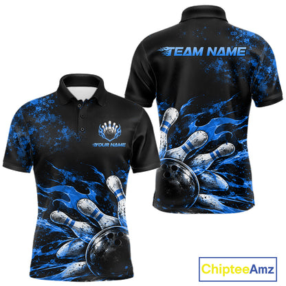 Black And Blue Custom Flame Bowling Shirts For Men, Fire Bowling Team Shirt NBT1073
