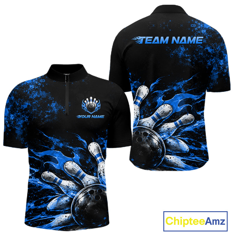 Black And Blue Custom Flame Bowling Shirts For Men, Fire Bowling Team Shirt NBT1073
