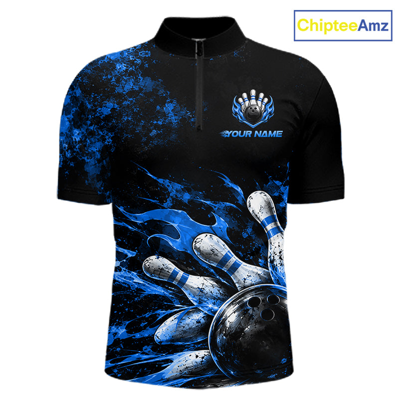 Black And Blue Custom Flame Bowling Shirts For Men, Fire Bowling Team Shirt NBT1073
