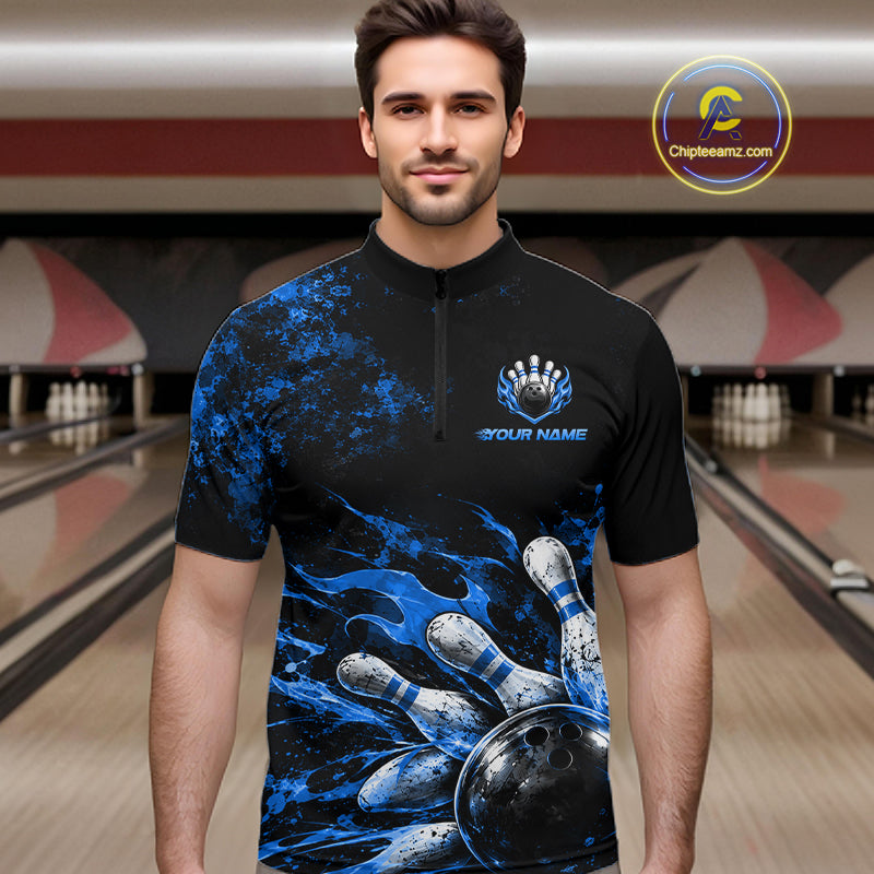 Black And Blue Custom Flame Bowling Shirts For Men, Fire Bowling Team Shirt NBT1073