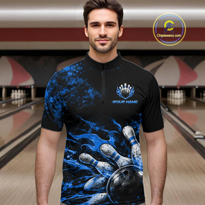 Black And Blue Custom Flame Bowling Shirts For Men, Fire Bowling Team Shirt NBT1073