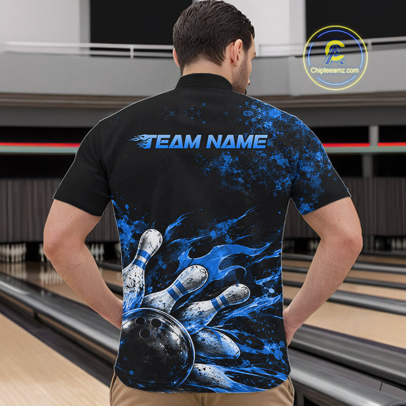 Black And Blue Custom Flame Bowling Shirts For Men, Fire Bowling Team Shirt NBT1073