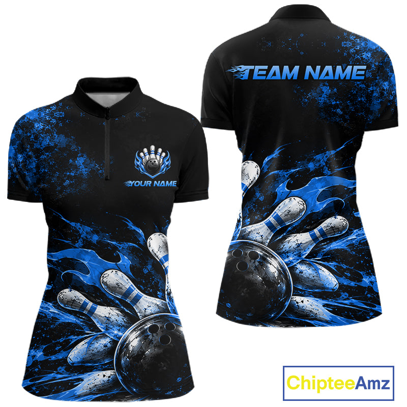 Black And Blue Custom Flame Bowling Shirts For Women, Fire Bowling Team Shirt NBT1073