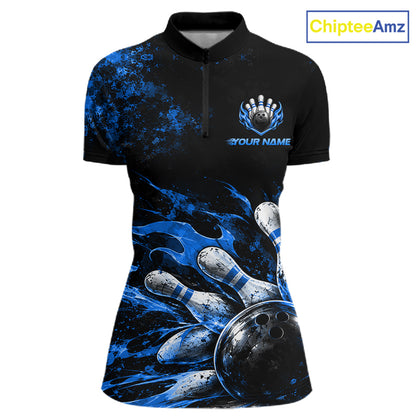 Black And Blue Custom Flame Bowling Shirts For Women, Fire Bowling Team Shirt NBT1073