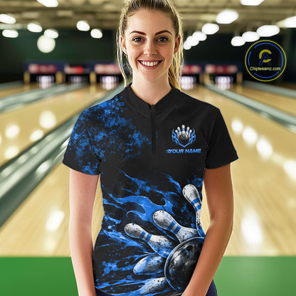 Black And Blue Custom Flame Bowling Shirts For Women, Fire Bowling Team Shirt NBT1073