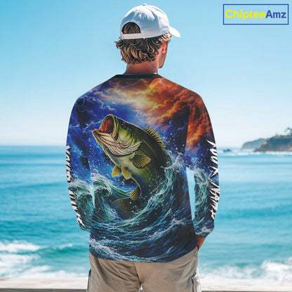 Personalized Bass Thunder And Lightening Long Sleeve Fishing Shirts,Custom Bass Fishing Jerseys NBT378