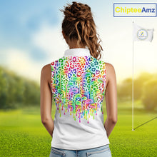 Load image into Gallery viewer, Womens Sleeveless Golf Polo Shirts Colorful Neon Watercolor Leopard Custom Name White Golf Shirts NBT509