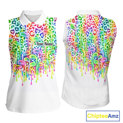 Womens Sleeveless Golf Polo Shirts Colorful Neon Watercolor Leopard Custom Name White Golf Shirts NBT509