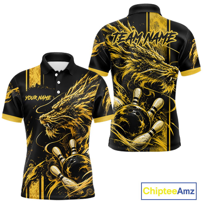 Personalized Black And Yellow Dragon Bowling Shirts For Men, Dragon Bowling Team Shirts NBT1075