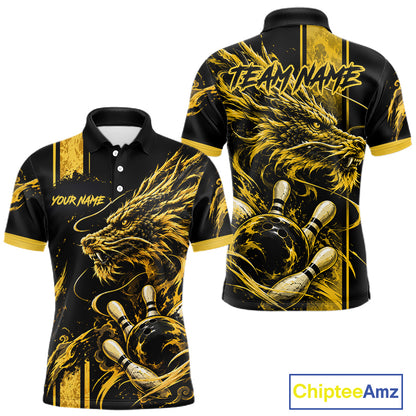 Personalized Black And Yellow Dragon Bowling Shirts For Men, Dragon Bowling Team Shirts NBT1075