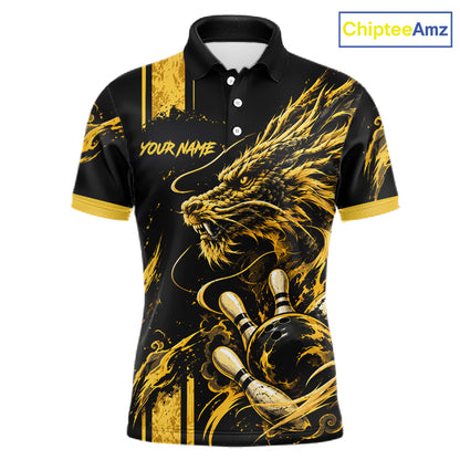 Personalized Black And Yellow Dragon Bowling Shirts For Men, Dragon Bowling Team Shirts NBT1075