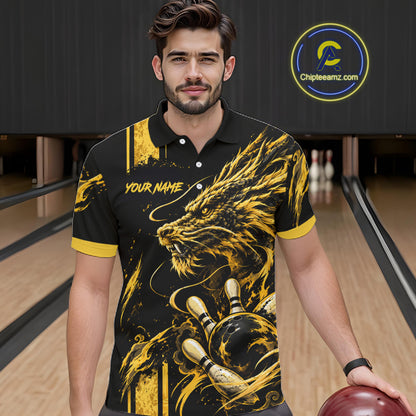 Personalized Black And Yellow Dragon Bowling Shirts For Men, Dragon Bowling Team Shirts NBT1075