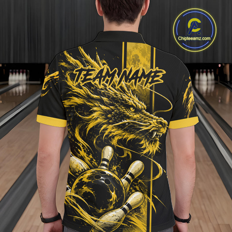 Personalized Black And Yellow Dragon Bowling Shirts For Men, Dragon Bowling Team Shirts NBT1075