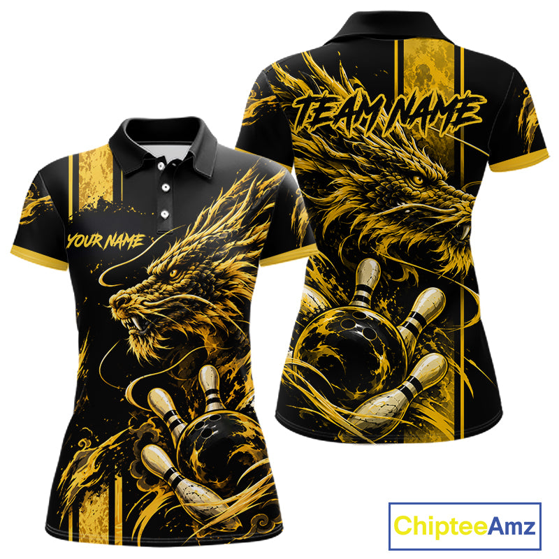 Personalized Black And Yellow Dragon Bowling Shirts For Women, Dragon Bowling Team Shirts NBT1075
