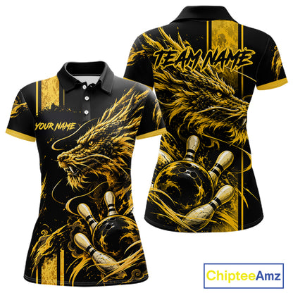 Personalized Black And Yellow Dragon Bowling Shirts For Women, Dragon Bowling Team Shirts NBT1075