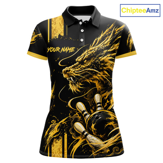 Personalized Black And Yellow Dragon Bowling Shirts For Women, Dragon Bowling Team Shirts NBT1075