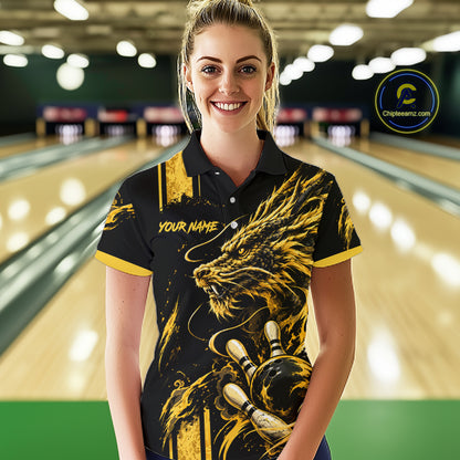 Personalized Black And Yellow Dragon Bowling Shirts For Women, Dragon Bowling Team Shirts NBT1075