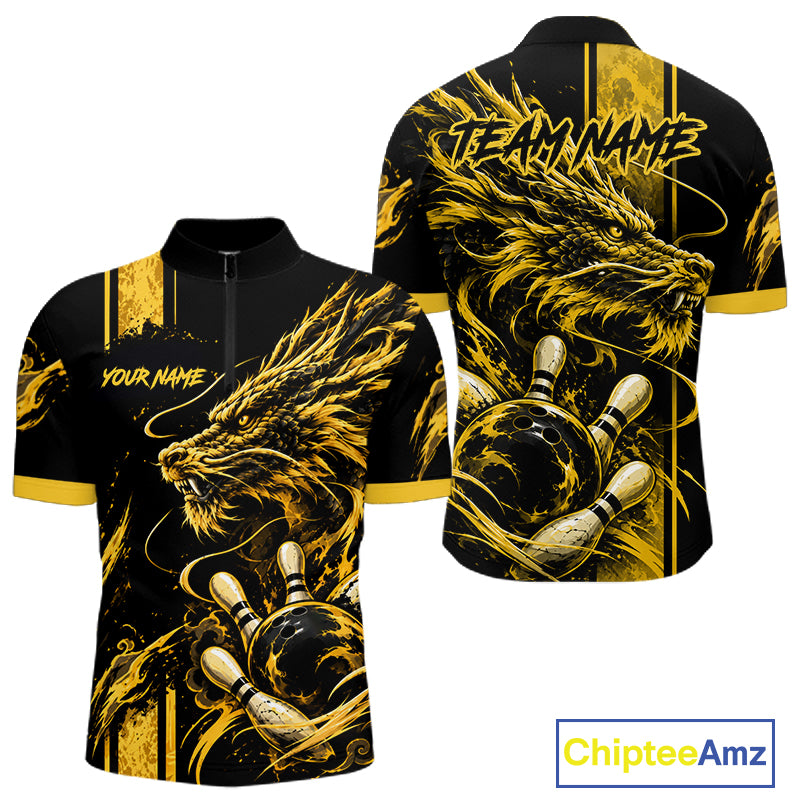 Personalized Black And Yellow Dragon Bowling Shirts For Men, Dragon Bowling Team Shirts NBT1075