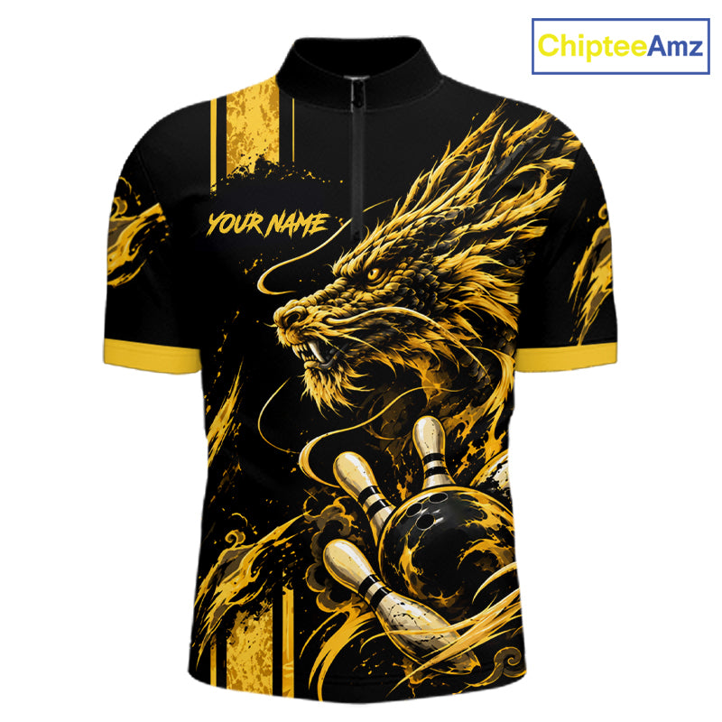 Personalized Black And Yellow Dragon Bowling Shirts For Men, Dragon Bowling Team Shirts NBT1075