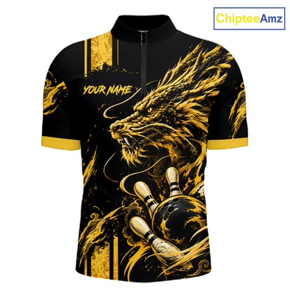 Personalized Black And Yellow Dragon Bowling Shirts For Men, Dragon Bowling Team Shirts NBT1075