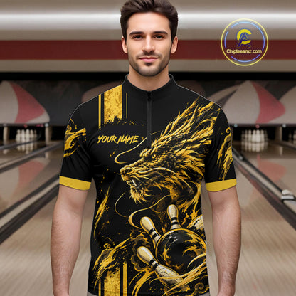 Personalized Black And Yellow Dragon Bowling Shirts For Men, Dragon Bowling Team Shirts NBT1075