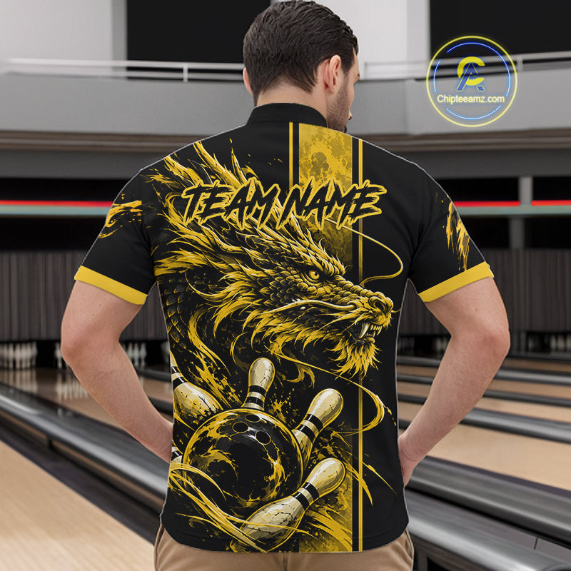 Personalized Black And Yellow Dragon Bowling Shirts For Men, Dragon Bowling Team Shirts NBT1075