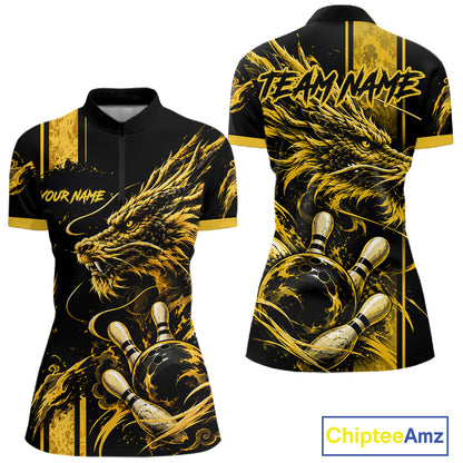 Personalized Black And Yellow Dragon Bowling Shirts For Women, Dragon Bowling Team Shirts NBT1075