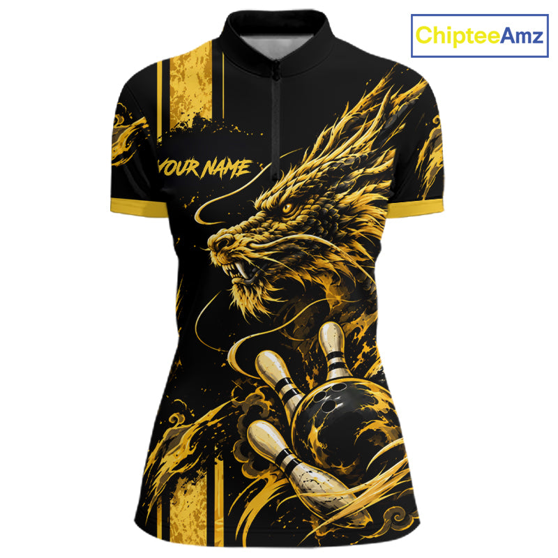 Personalized Black And Yellow Dragon Bowling Shirts For Women, Dragon Bowling Team Shirts NBT1075
