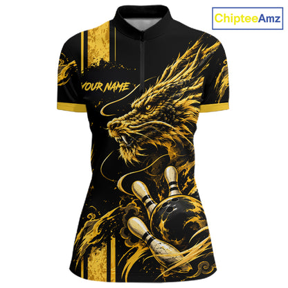 Personalized Black And Yellow Dragon Bowling Shirts For Women, Dragon Bowling Team Shirts NBT1075