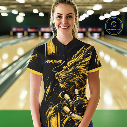 Personalized Black And Yellow Dragon Bowling Shirts For Women, Dragon Bowling Team Shirts NBT1075