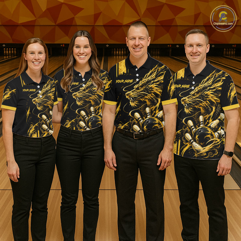 Personalized Black And Yellow Dragon Bowling Shirts For Men, Dragon Bowling Team Shirts NBT1075