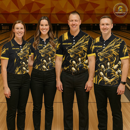 Personalized Black And Yellow Dragon Bowling Shirts For Men, Dragon Bowling Team Shirts NBT1075